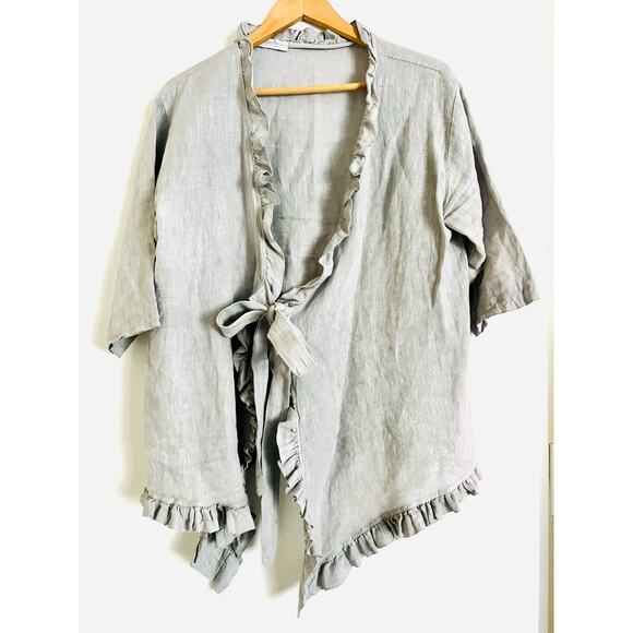 CobbleStone 100% Linen Women's Jacket Gray Neutral Tie Front Ruffle Collar OS - Picture 1 of 5
